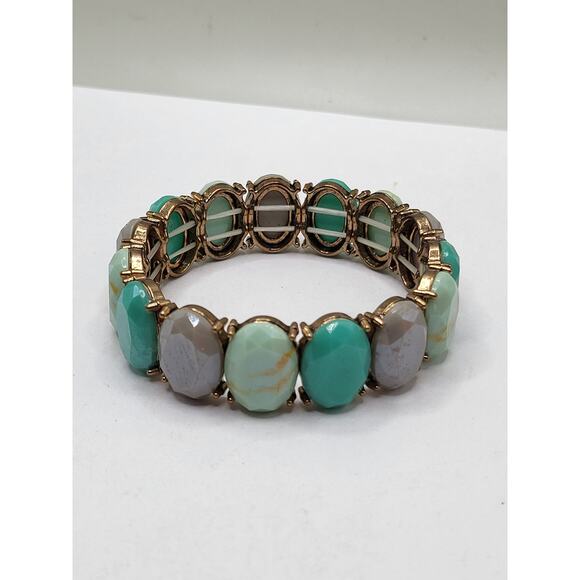 Vintage faceted oval glass stretch bracelet turquoise, gray marbled beads - Picture 3 of 6